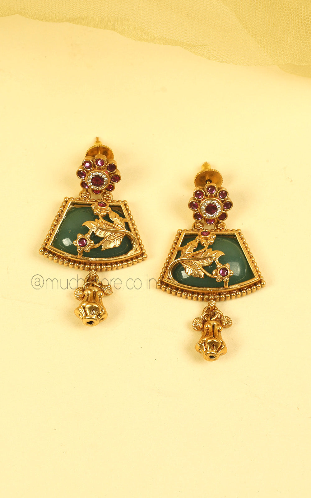Traditional Ruby Green Gold Look Necklace Earrings