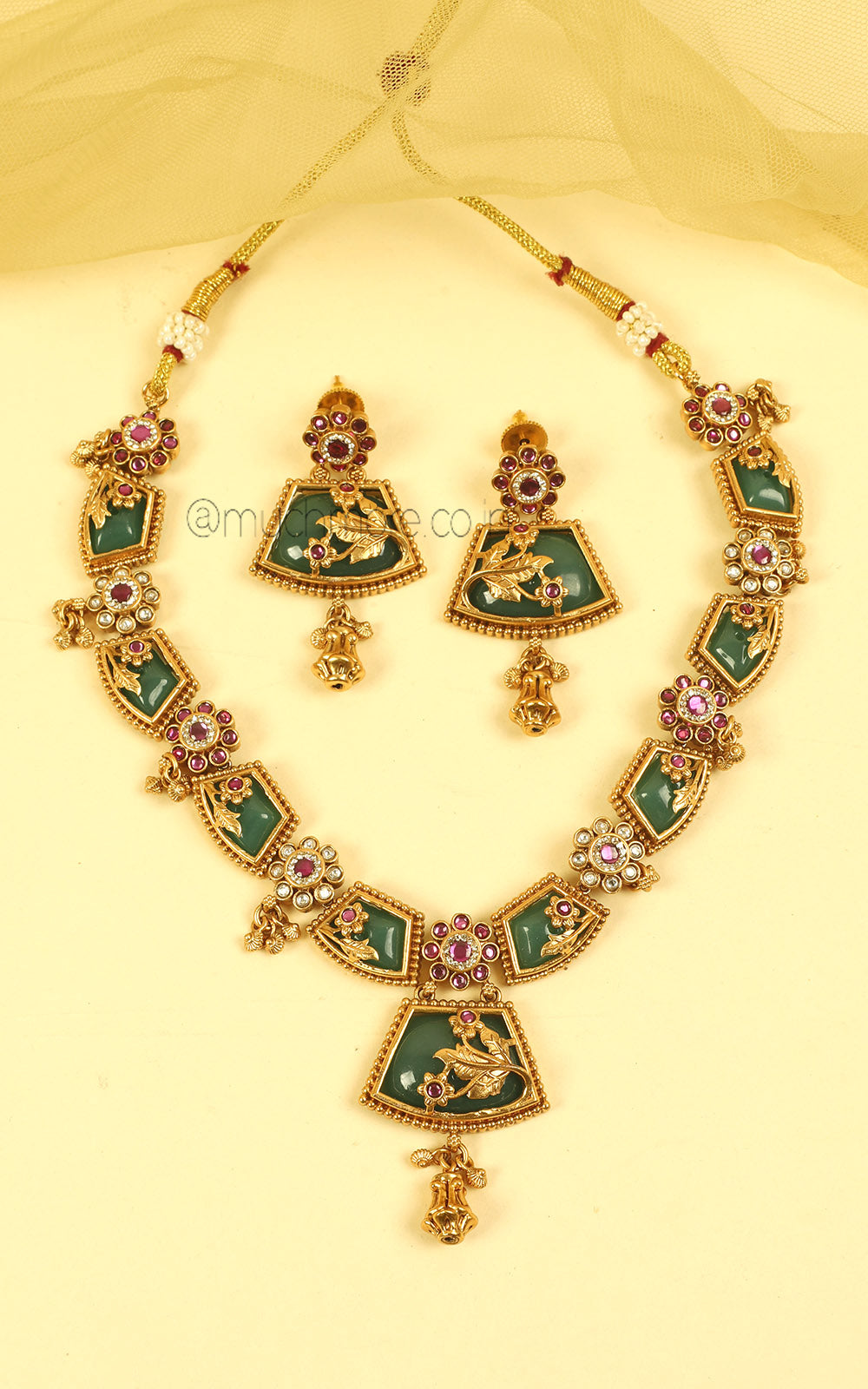 Traditional Ruby Green Gold Look Necklace Earrings