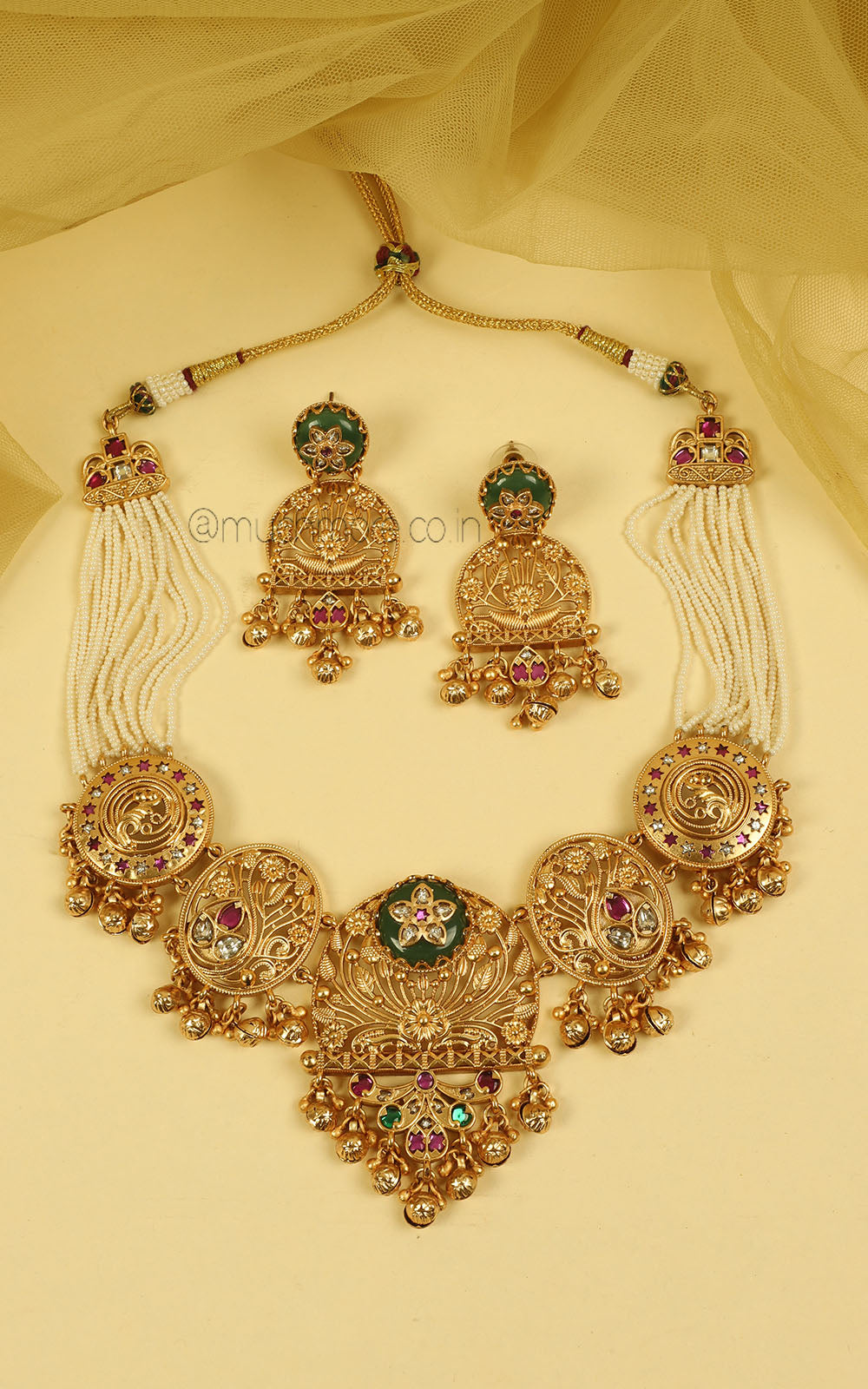 Gold Look Ruby Green Necklace Set | Ethnic & Traditional Jewellery