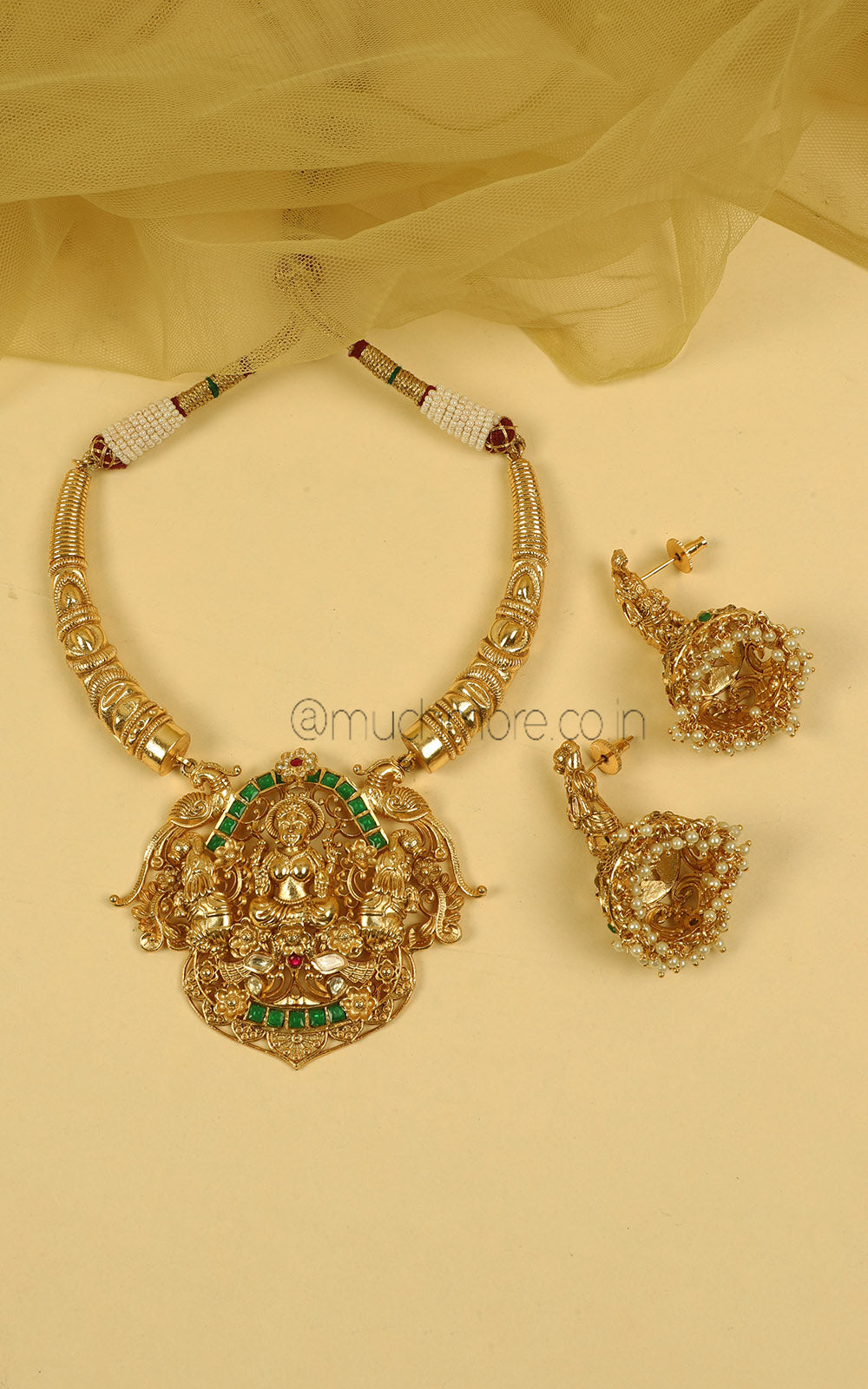 Temple Work Gold Look Hasli Style Rubu Green Necklace Set