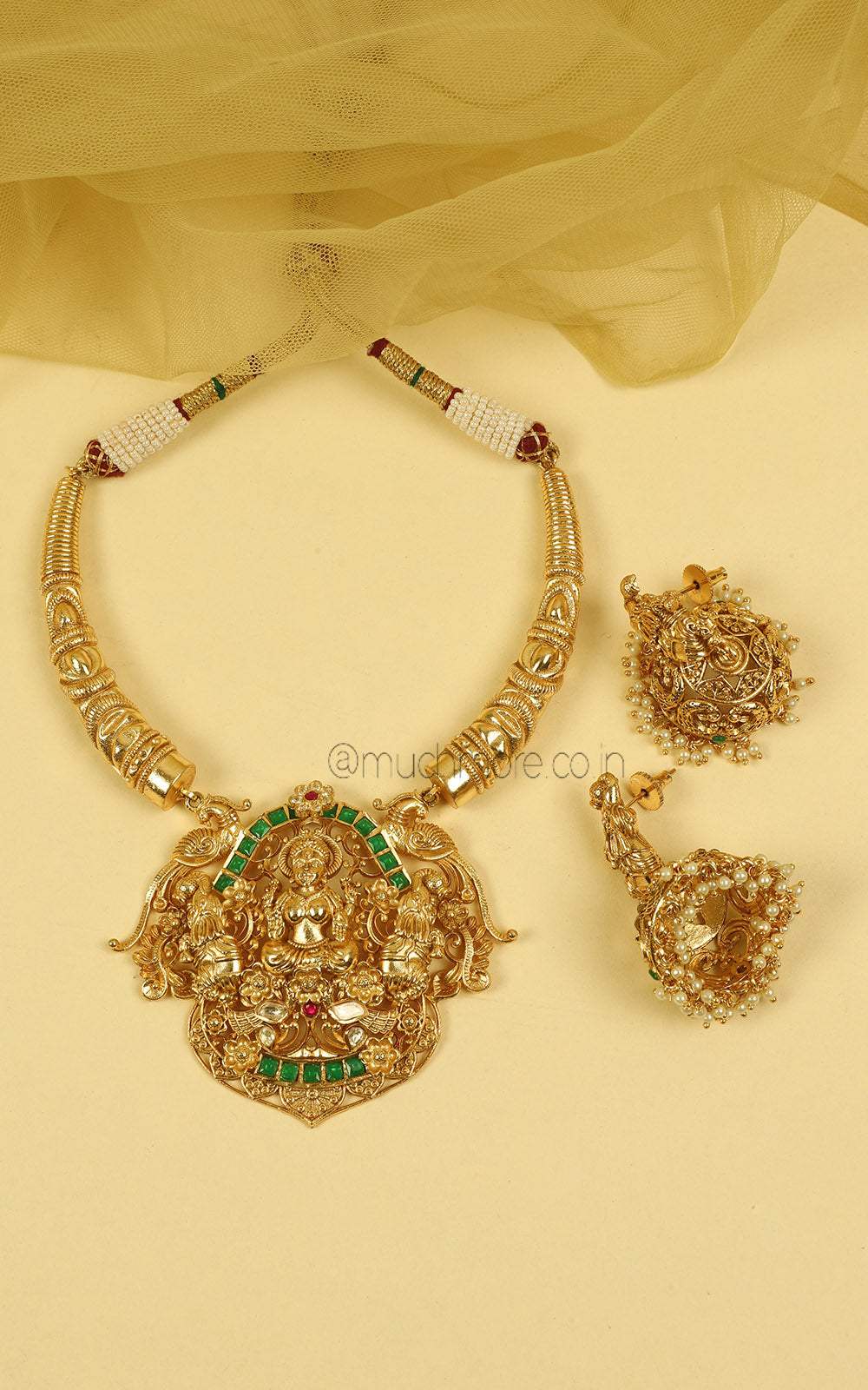 Temple Work Gold Look Hasli Style Rubu Green Necklace Set