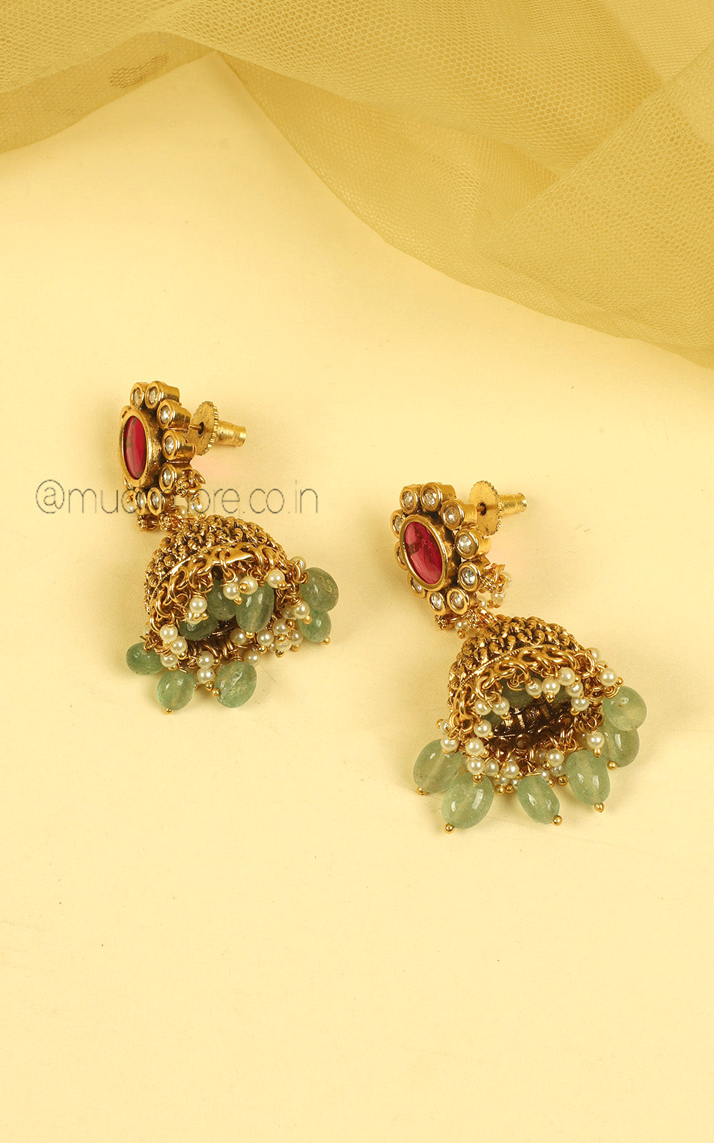 Ruby Green Hasli Style Gold Look Necklace Jhumki Set