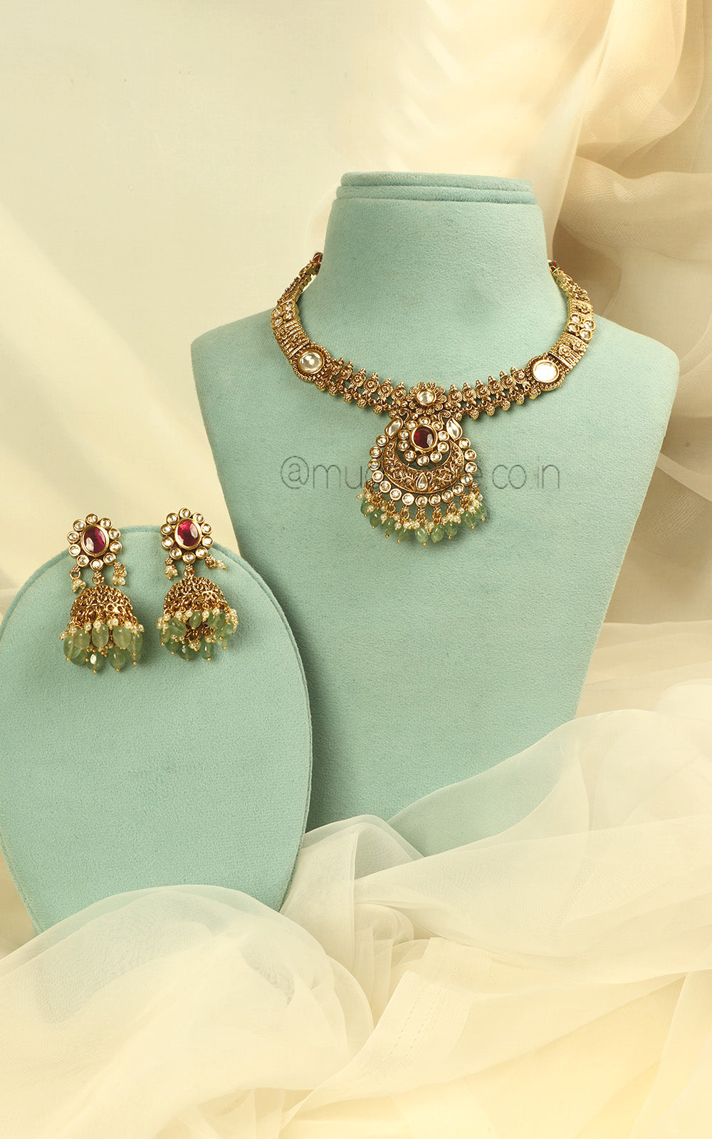 Ruby Green Hasli Style Gold Look Necklace Jhumki Set