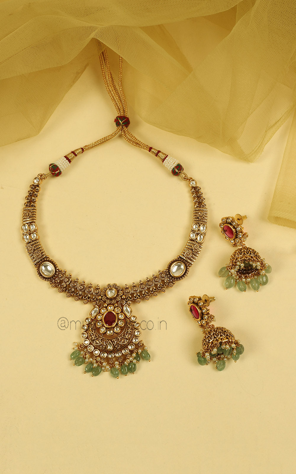 Ruby Green Hasli Style Gold Look Necklace Jhumki Set