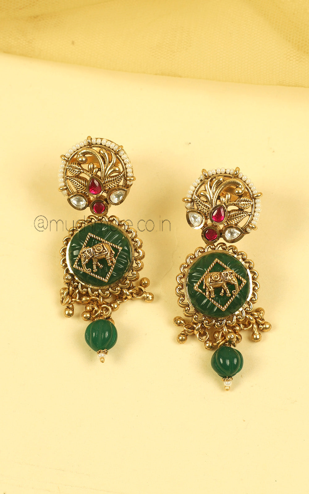 Ruby Green Gold Look Elephant Necklace With Earrings