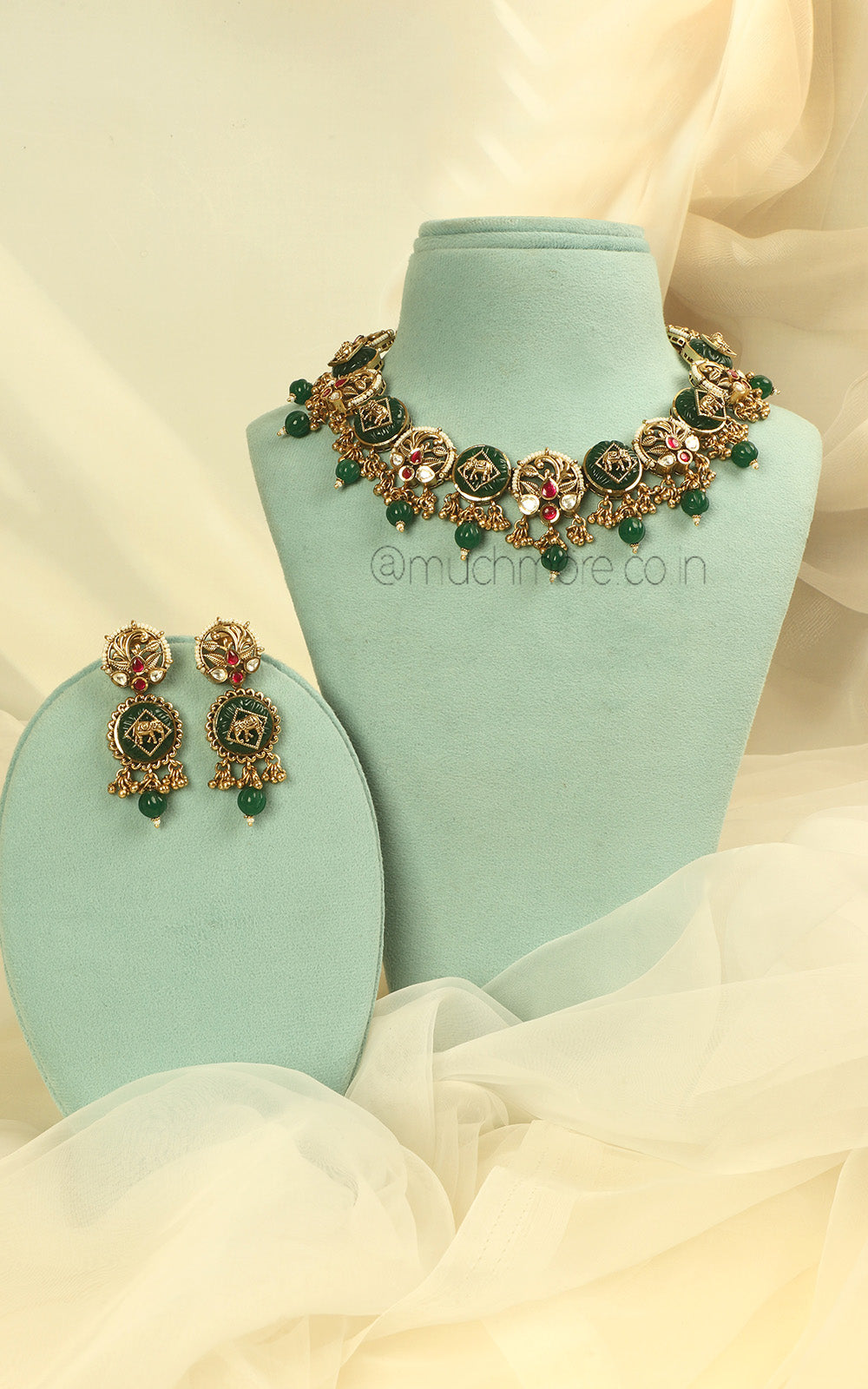 Ruby Green Gold Look Elephant Necklace With Earrings