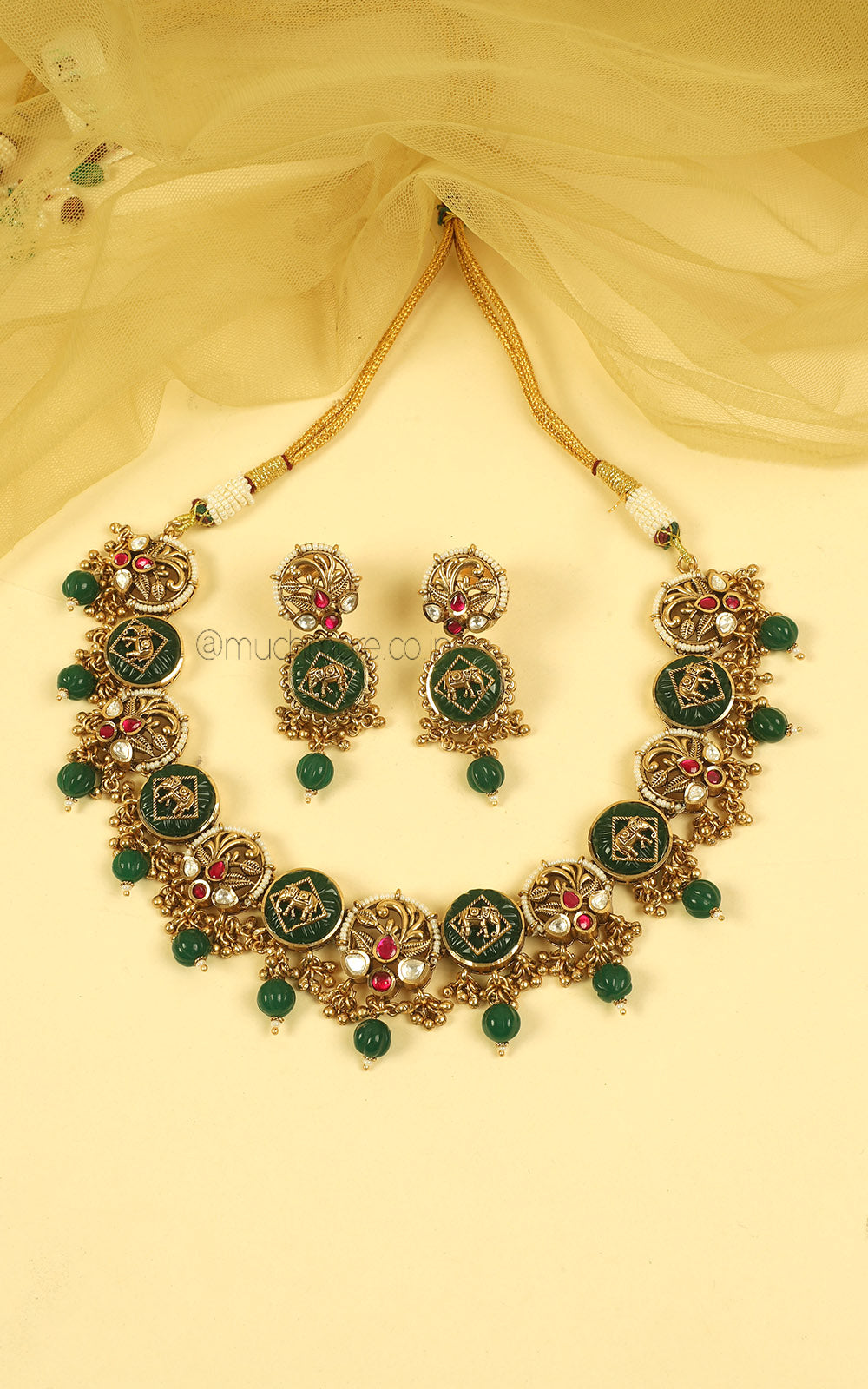 Ruby Green Gold Look Elephant Necklace With Earrings