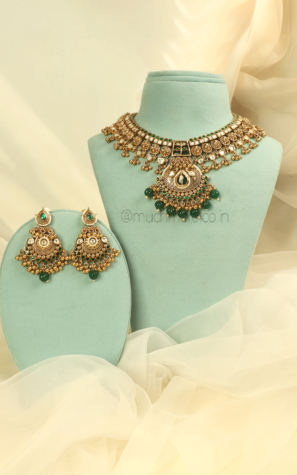 Pure Traditional Look Gold Polish Emerald Green Necklace Set