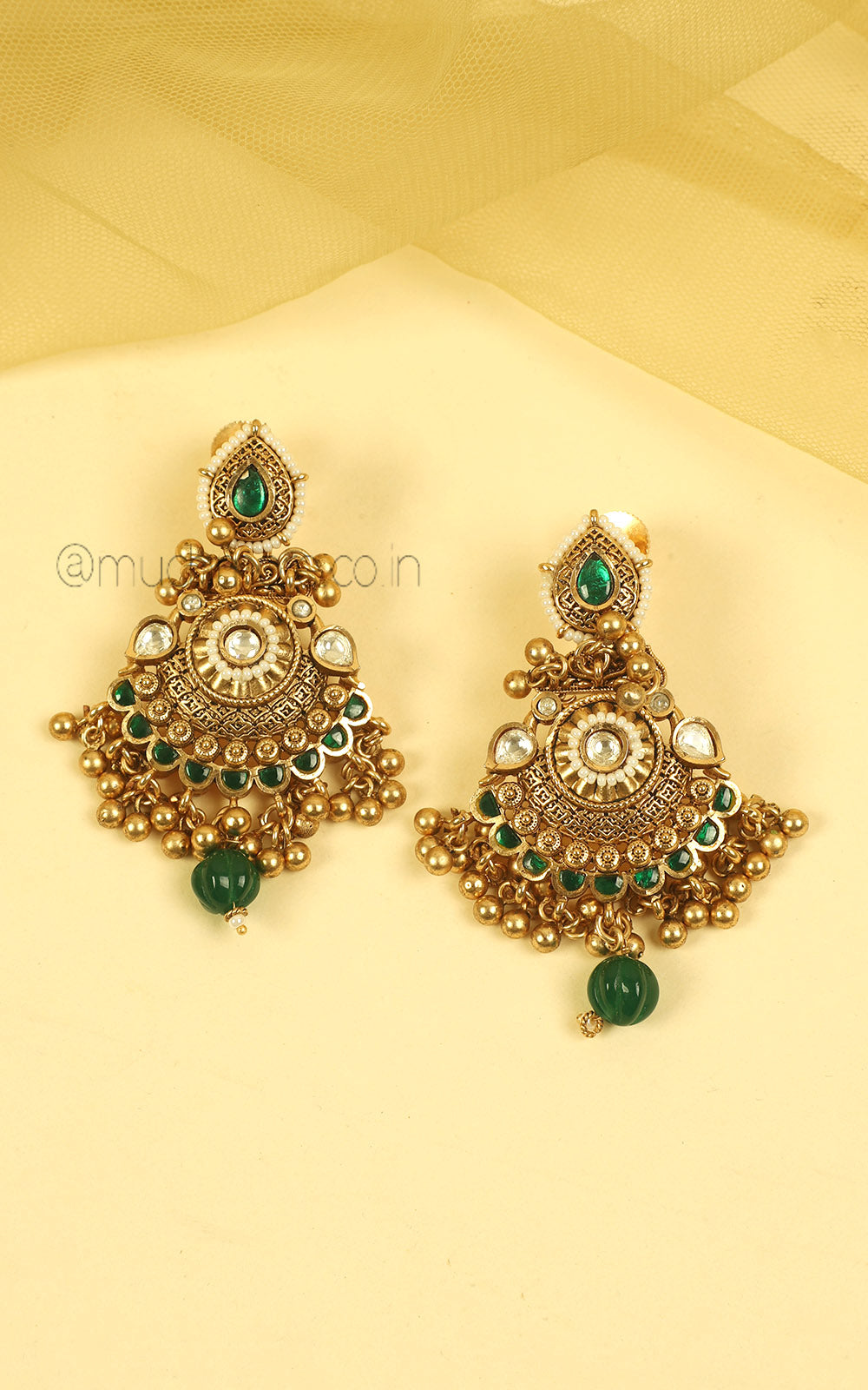 Pure Traditional Look Gold Polish Emerald Green Necklace Set