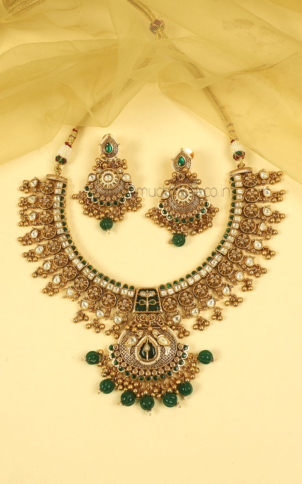 Pure Traditional Look Gold Polish Emerald Green Necklace Set
