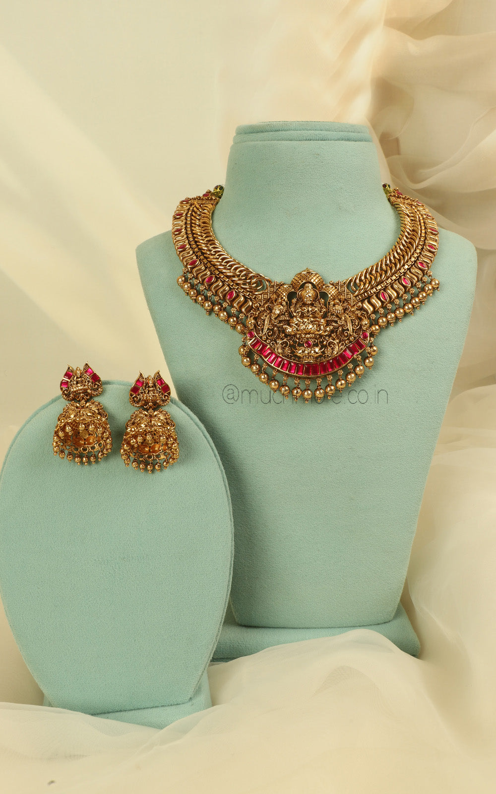 Temple Maa Laxmi Ruby Pink Necklace With Jhumki Earrings