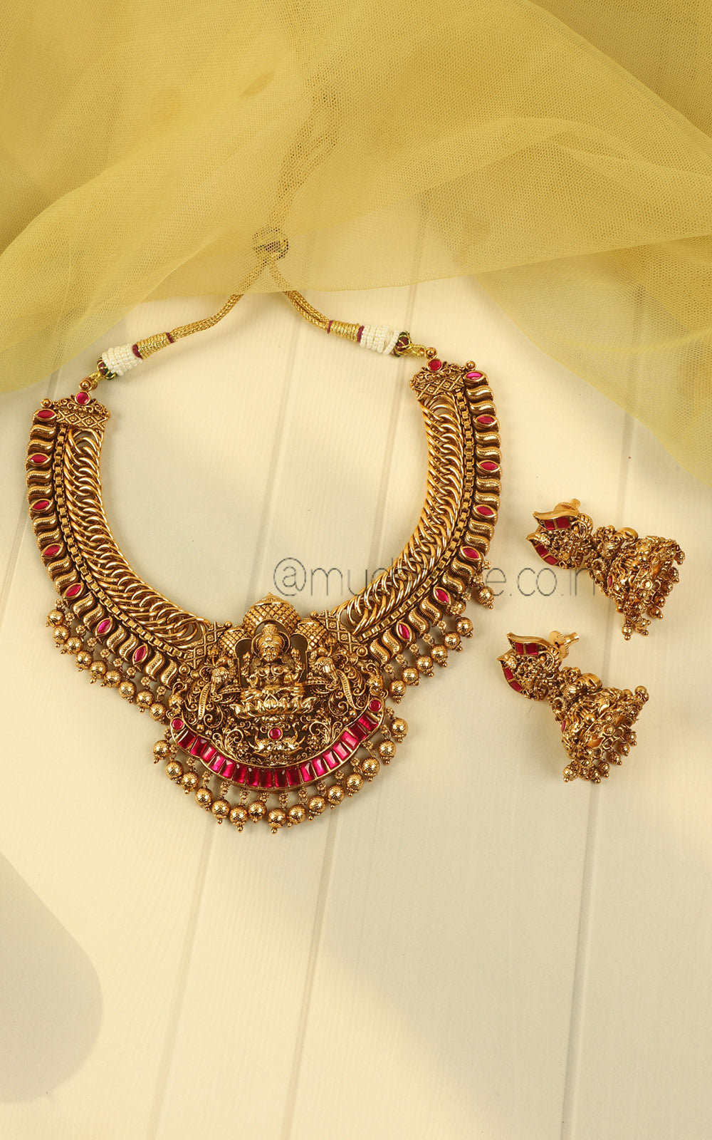 Temple Maa Laxmi Ruby Pink Necklace With Jhumki Earrings