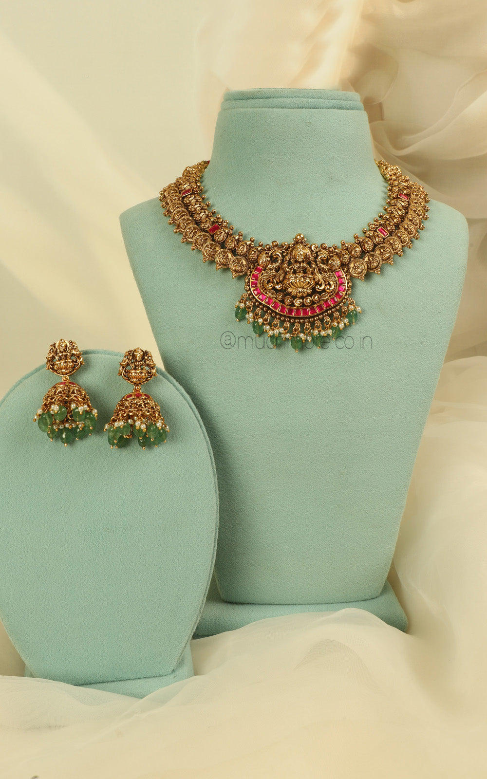 Temple Work Ruby Pink Necklace With Jhumki Earrings
