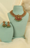Temple Work Ruby Pink Necklace With Jhumki Earrings