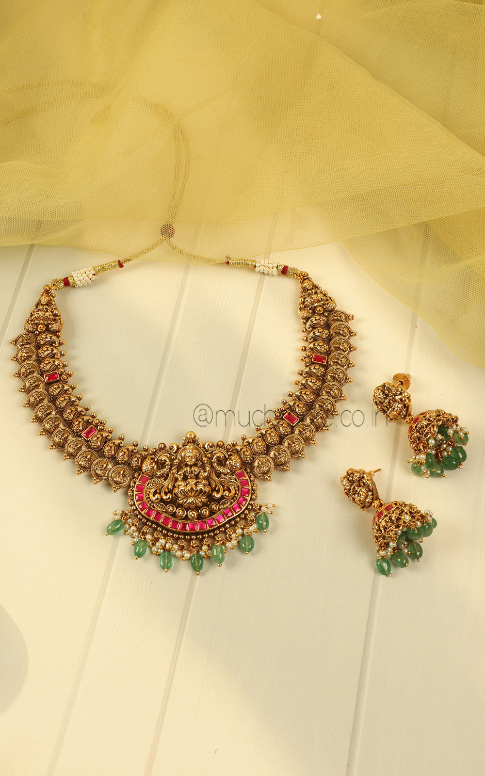 Temple Work Ruby Pink Necklace With Jhumki Earrings