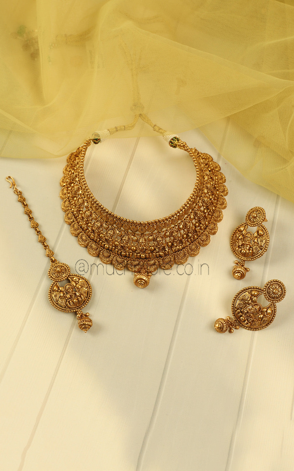 Gold Polish Temple Choker With Earrings And Maang Tikka