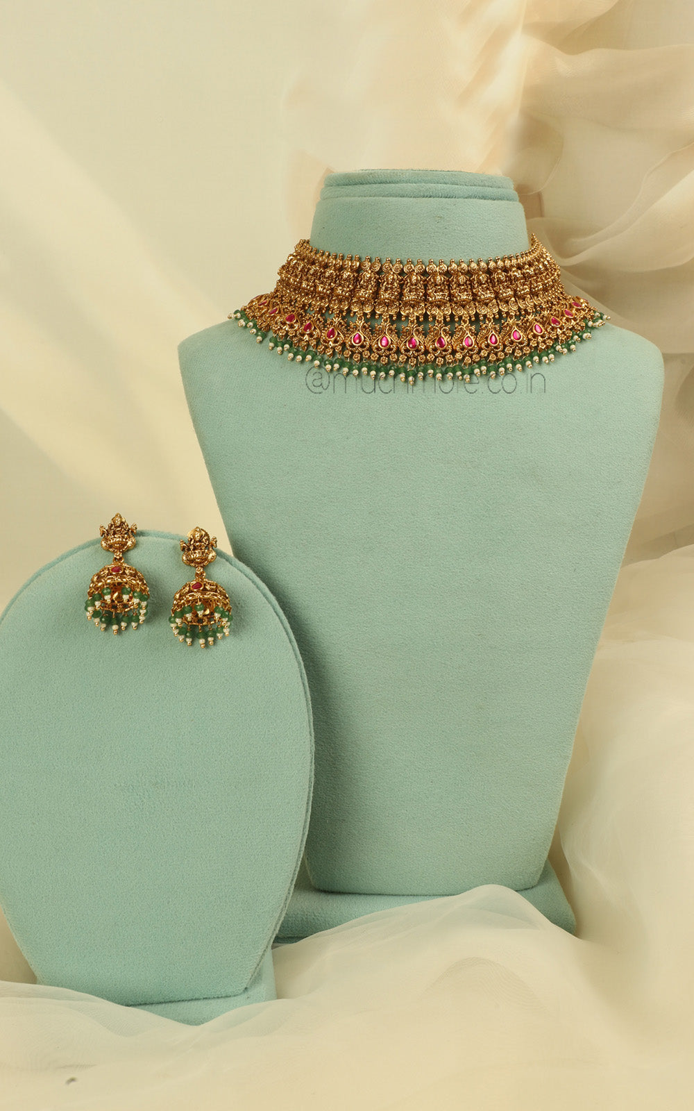 Ruby Green Temple Bridal Choker With Jhumki Earrings