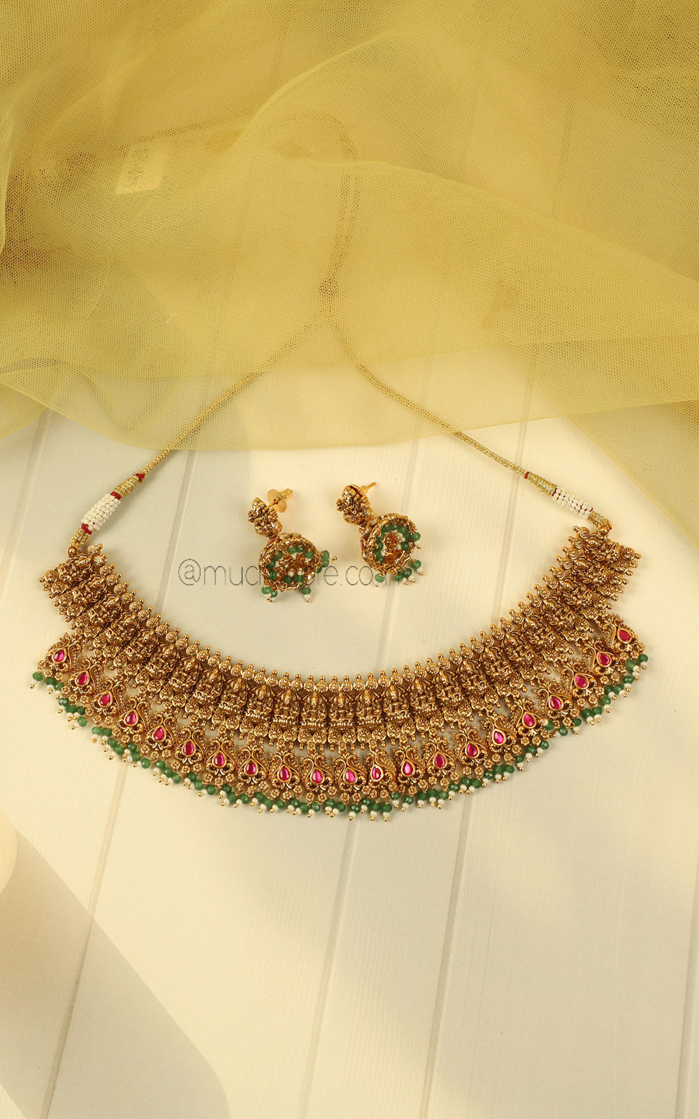 Ruby Green Temple Bridal Choker With Jhumki Earrings