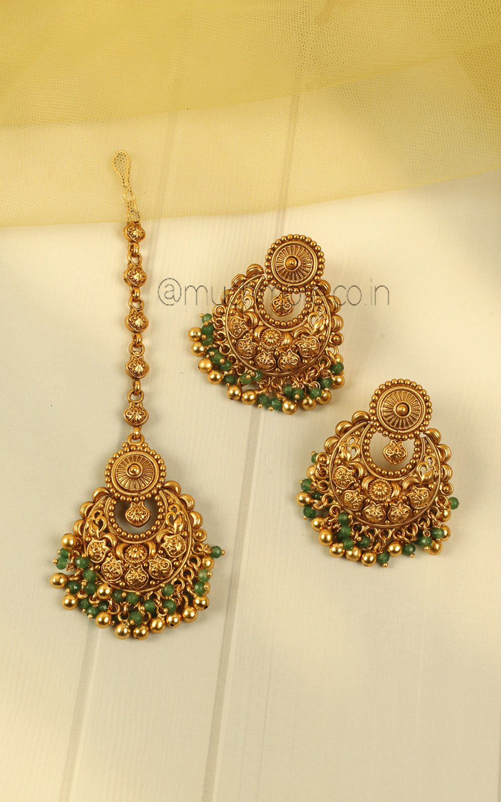 Green Beads Bridal Gold Look Choker With Earrings Maang Tikka