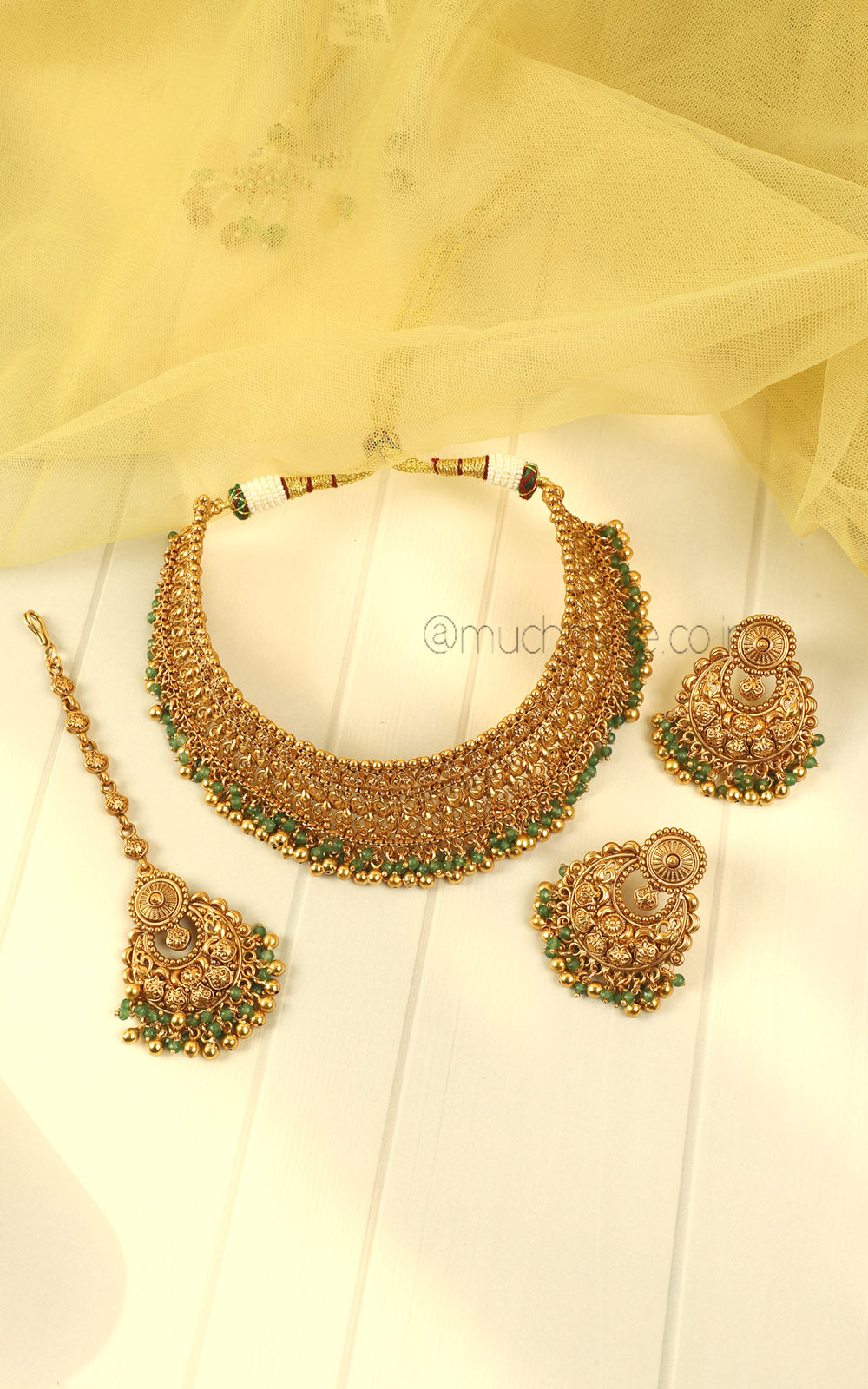 Green Beads Bridal Gold Look Choker With Earrings Maang Tikka