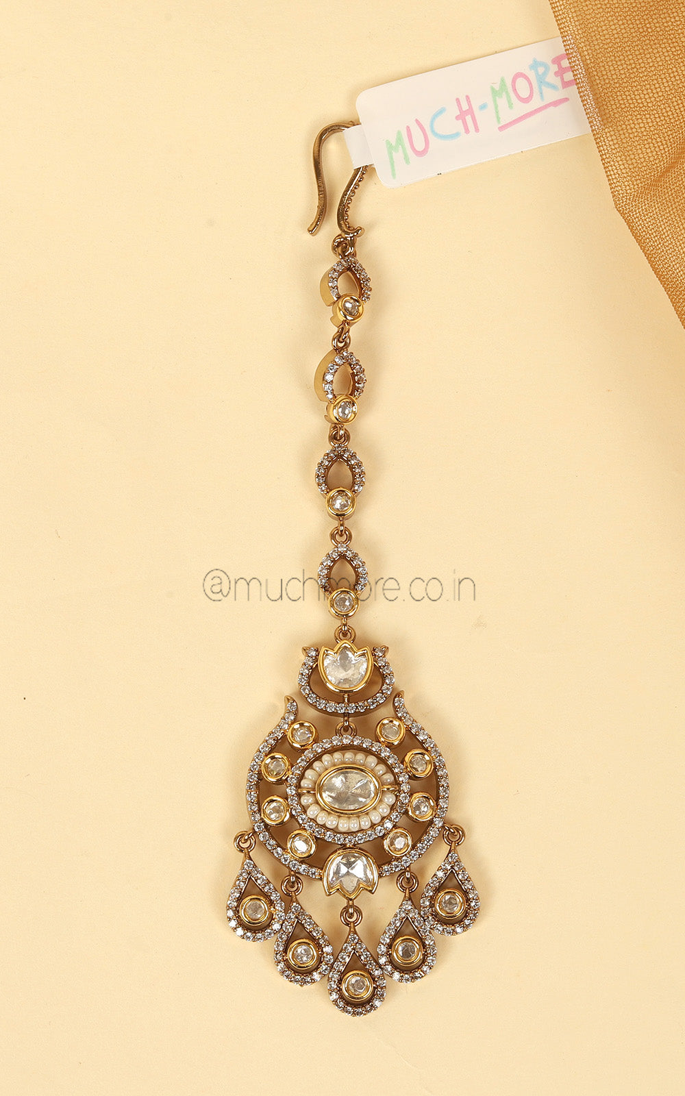 Antique Gold Polish Diamond With Kundan Maang Tikka