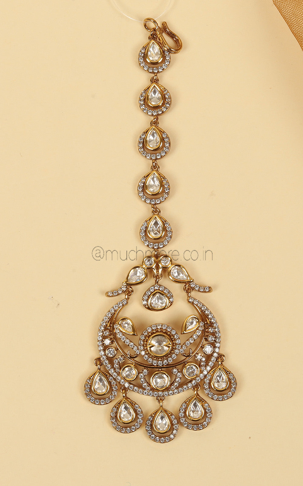 Gold Polish Kundan Maang Tikka with Bird In It
