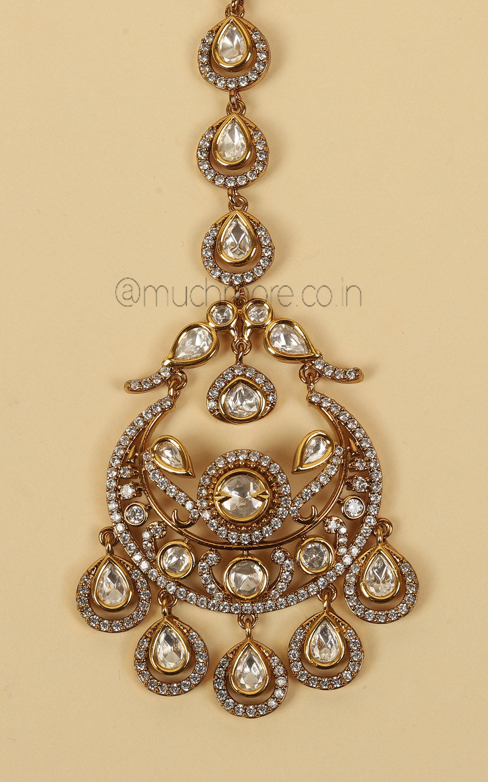 Gold Polish Kundan Maang Tikka with Bird In It