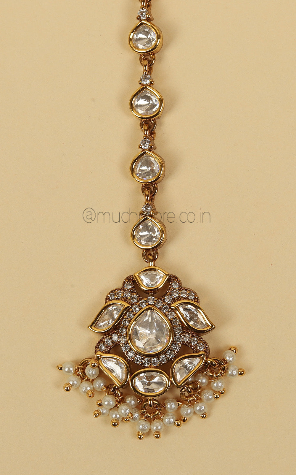 Tiny Kundan With Pearl Hanging Maang Tikka For Women/Girl