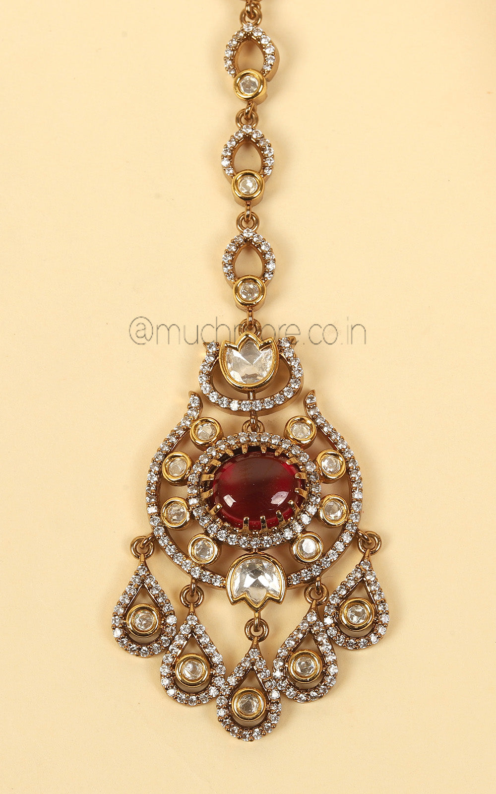 Ruby Kundan And Diamond Maang Tikka In Gold Polish For Women