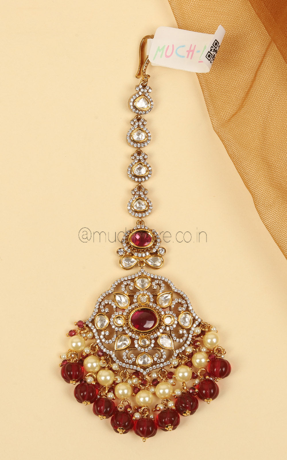 Latest Design Kundan Maang Tikka With Pearl And Ruby Droplets