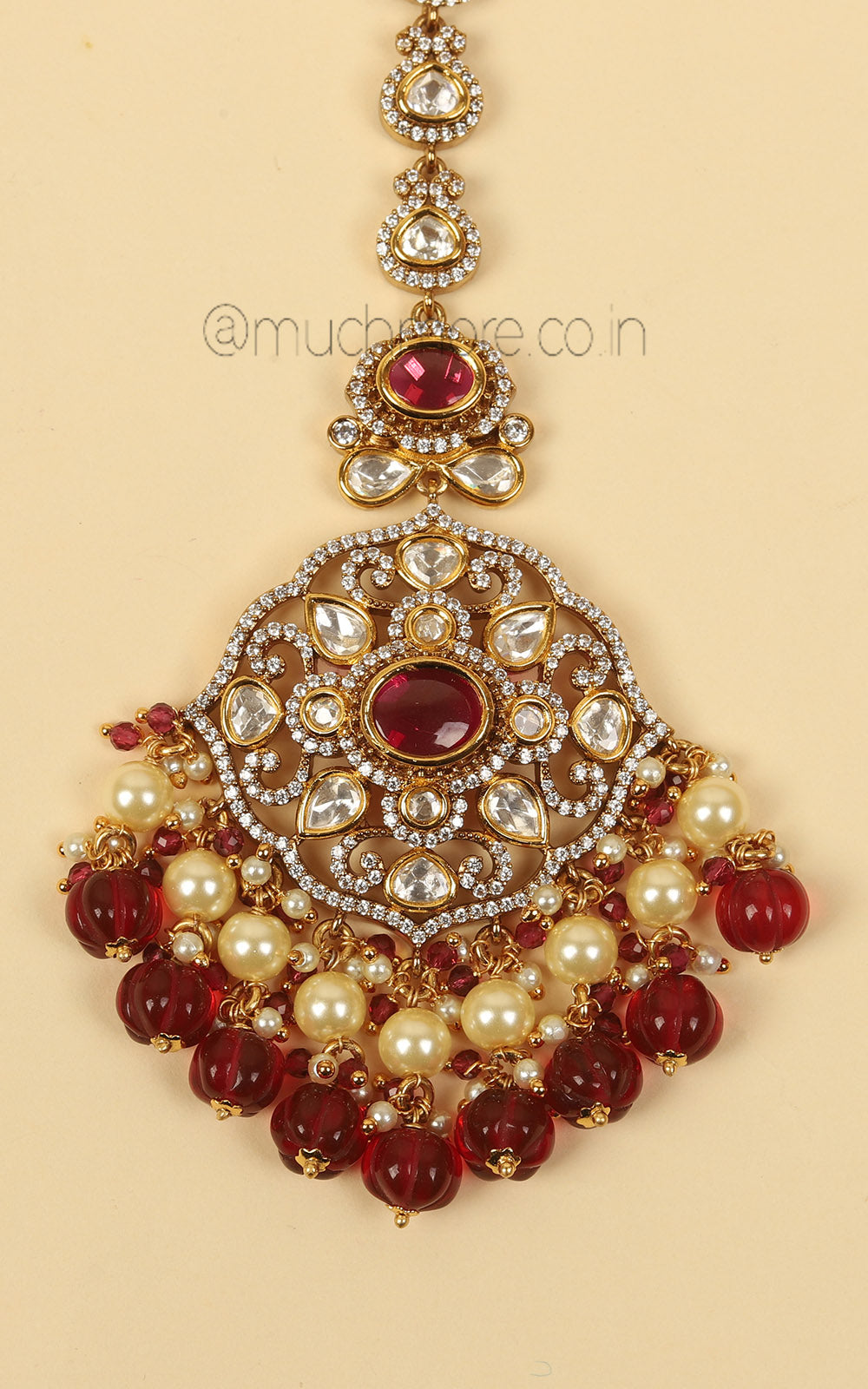 Latest Design Kundan Maang Tikka With Pearl And Ruby Droplets