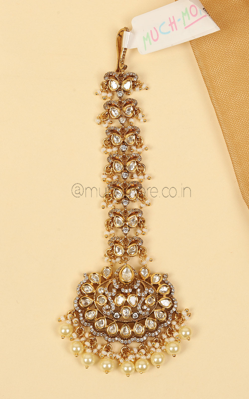 Gold Polish Kundan With Pearls Maang Tikka For Bride To Be