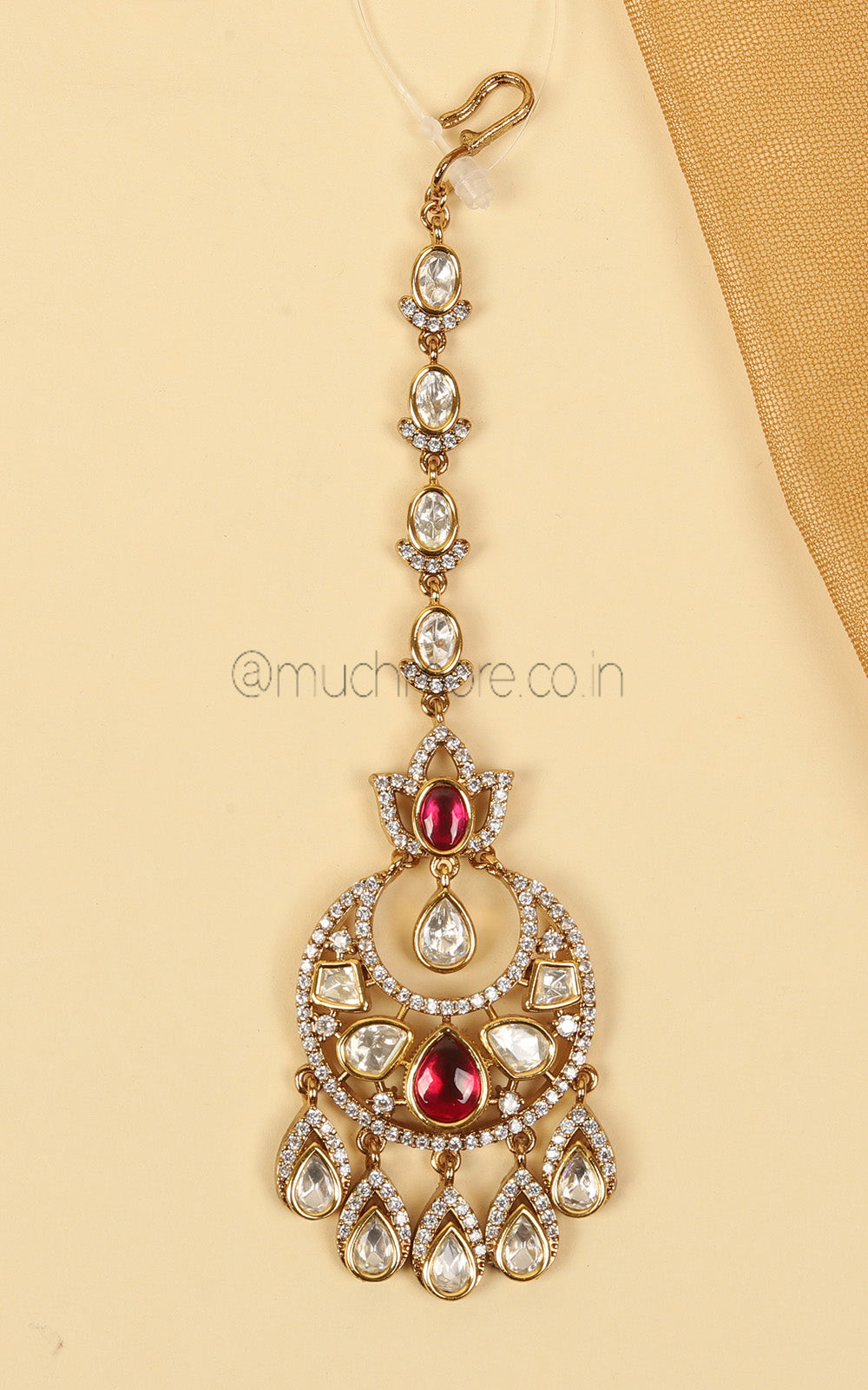 Chandbali Style Kundan Ruby With Diamonds Maang Tikka