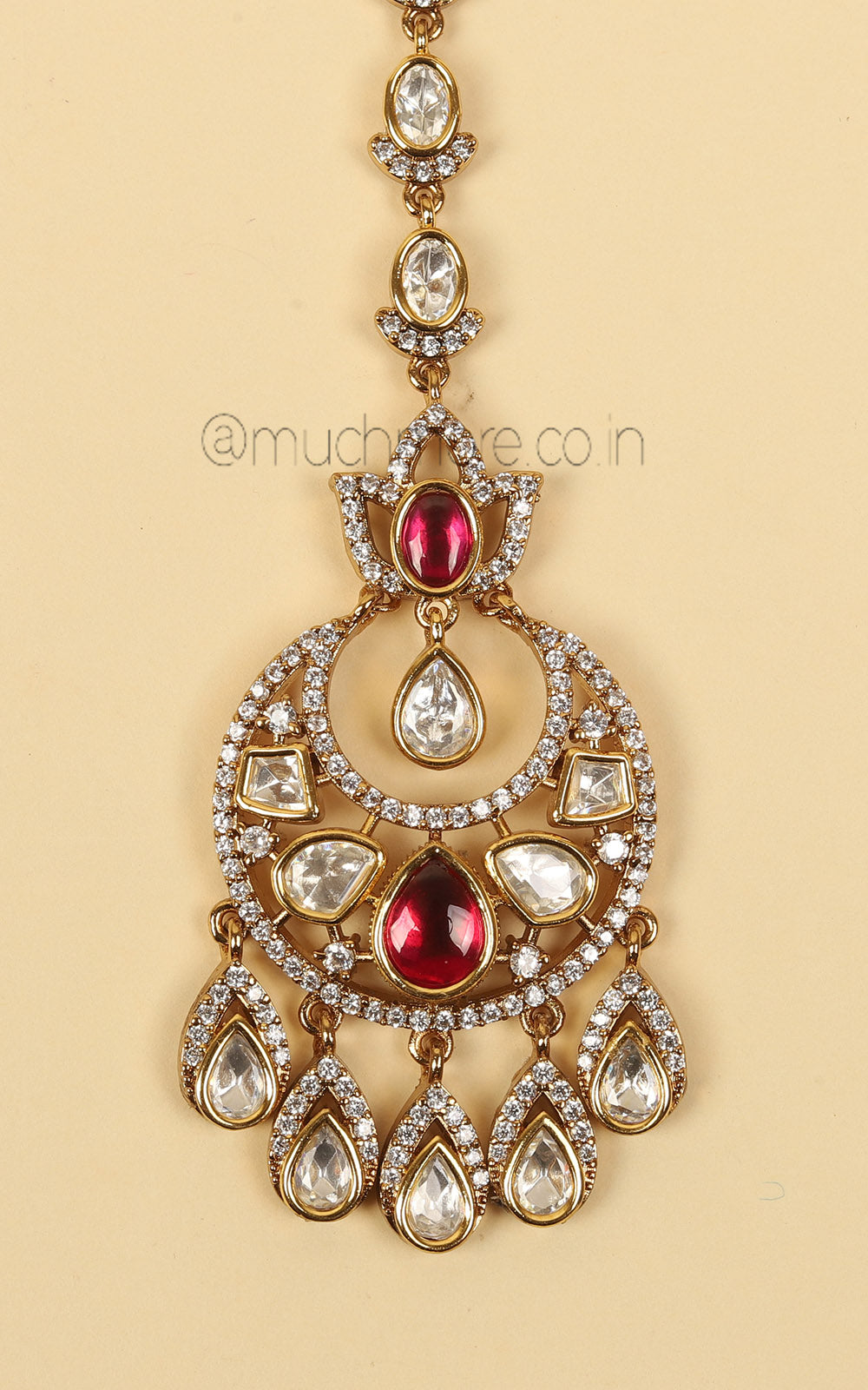 Chandbali Style Kundan Ruby With Diamonds Maang Tikka