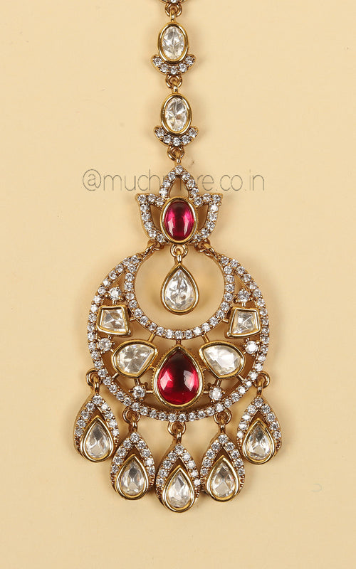 Chandbali Style Kundan Ruby With Diamonds Maang Tikka