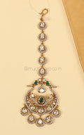 Gold Polish Emerald Green Kundan Maang Tikka with Bird In It
