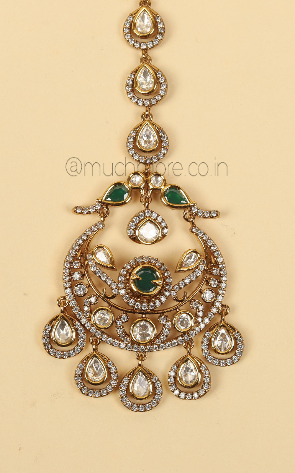 Gold Polish Emerald Green Kundan Maang Tikka with Bird In It