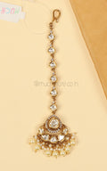 Gold Polish Pearl Drops Tiny White Kundan Maang Tikka