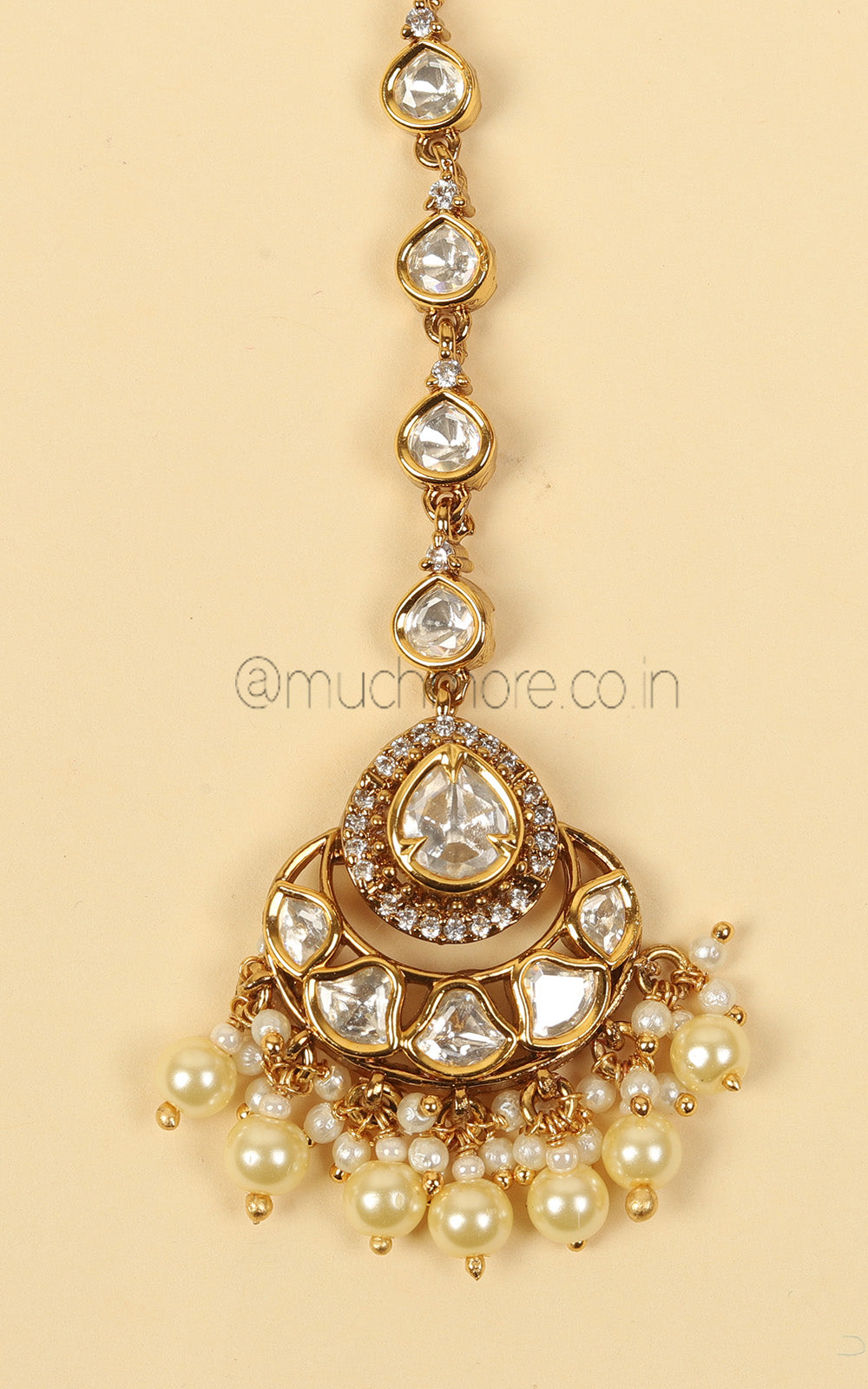 Gold Polish Pearl Drops Tiny White Kundan Maang Tikka