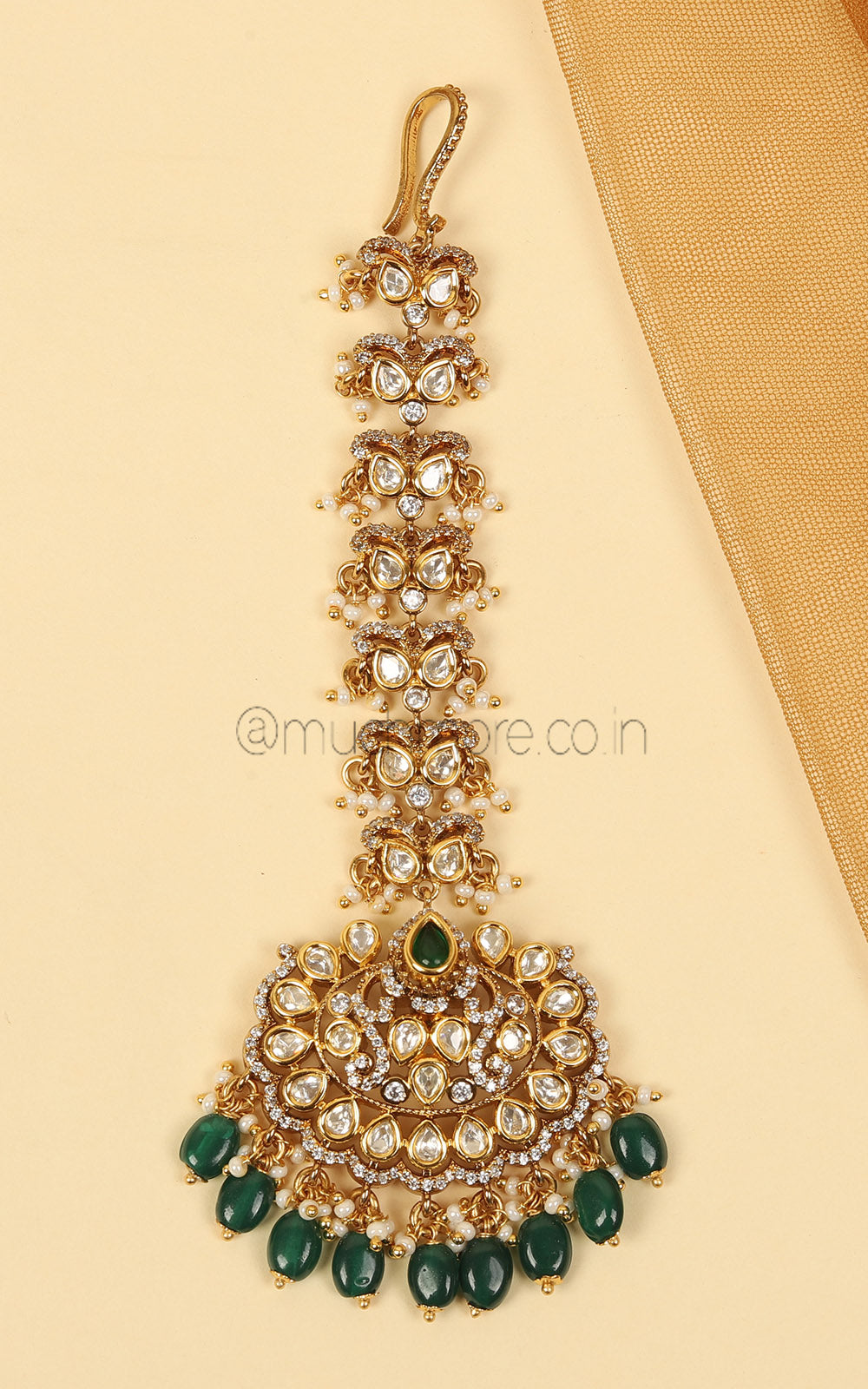 Heavy Emerald Green Kundan Bridal Maang Tikka At Much More