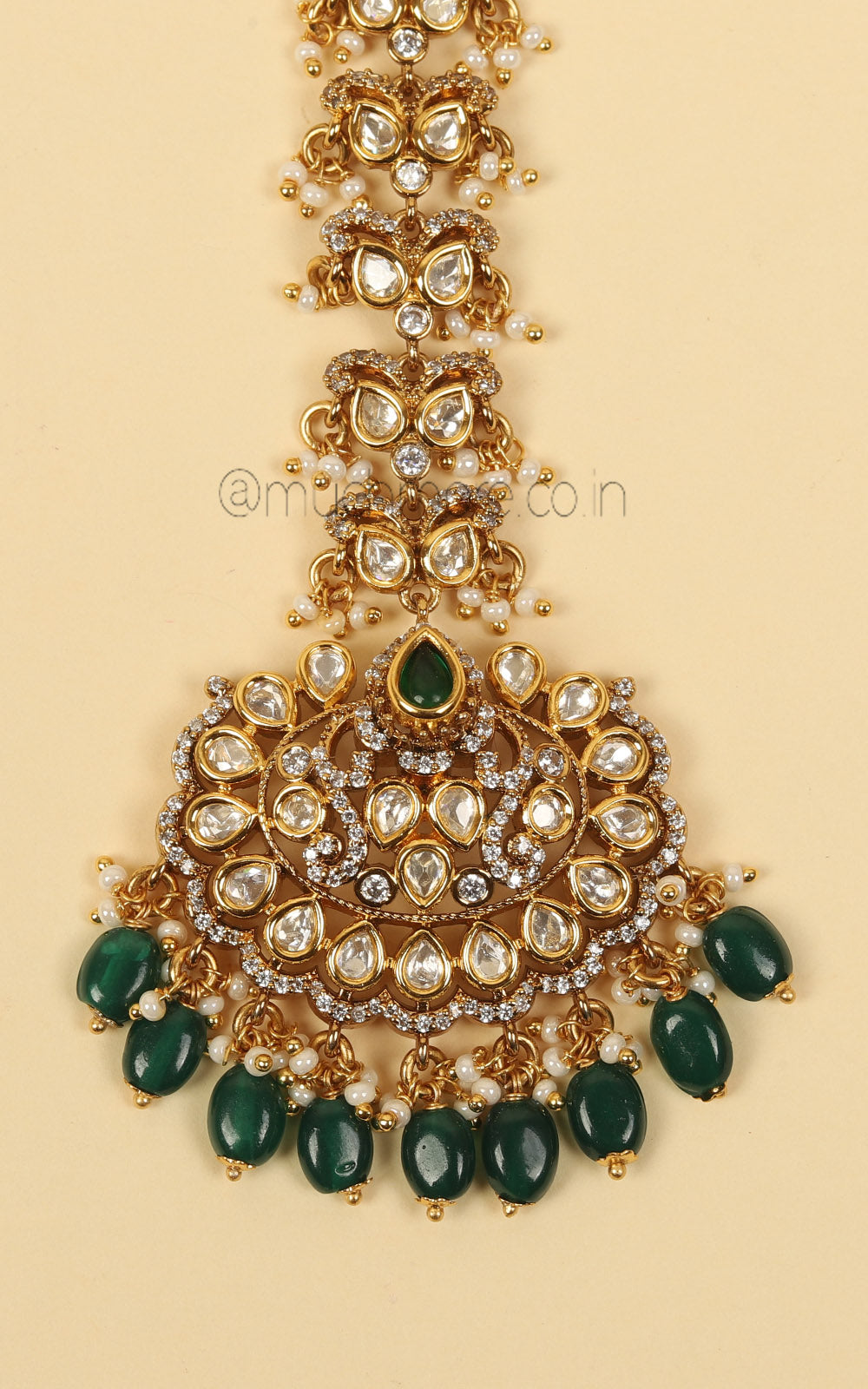 Heavy Emerald Green Kundan Bridal Maang Tikka At Much More