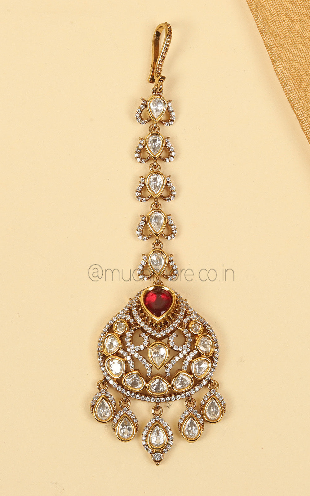 Latest Design Kundan Ruby Maang Tikka In Gold Polish