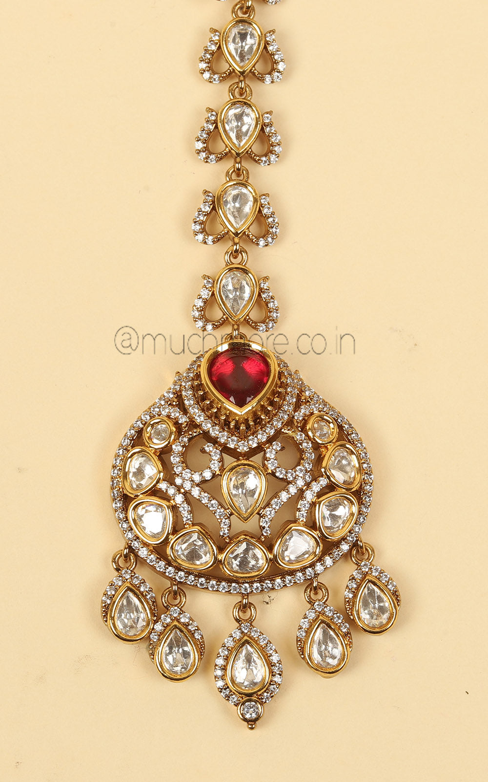 Latest Design Kundan Ruby Maang Tikka In Gold Polish