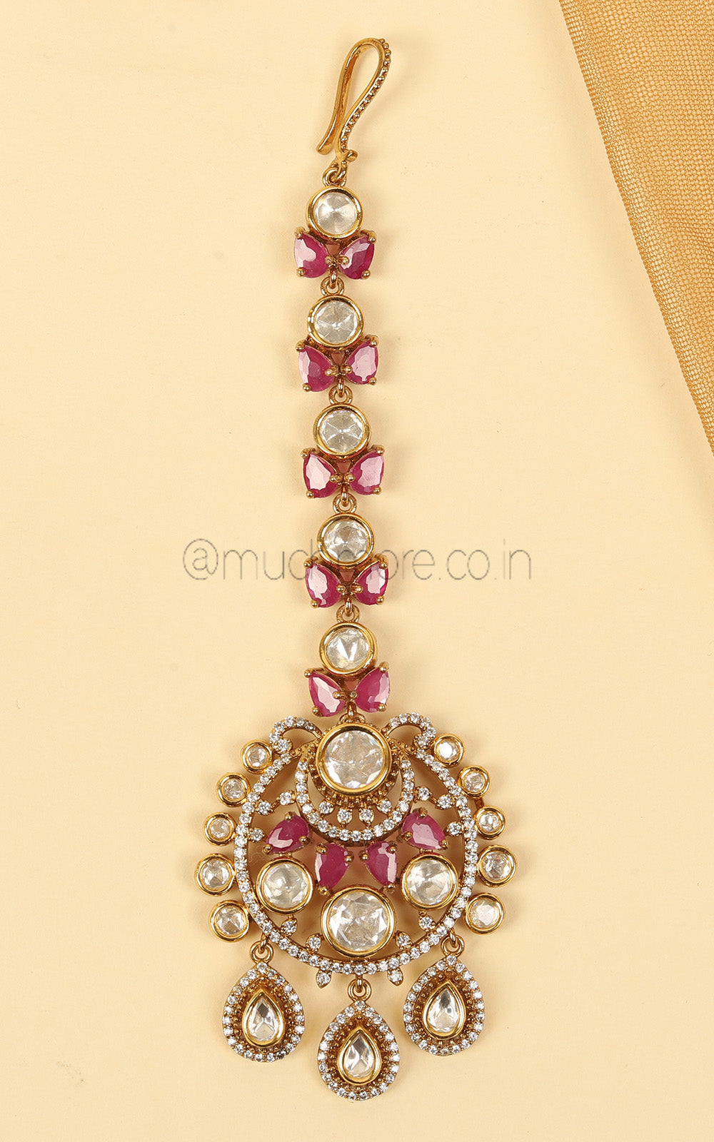Gold Polish Ruby And Kundan Studded Round Shaped Maang Tikka
