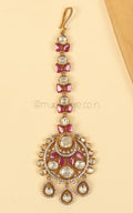 Gold Polish Ruby And Kundan Studded Round Shaped Maang Tikka