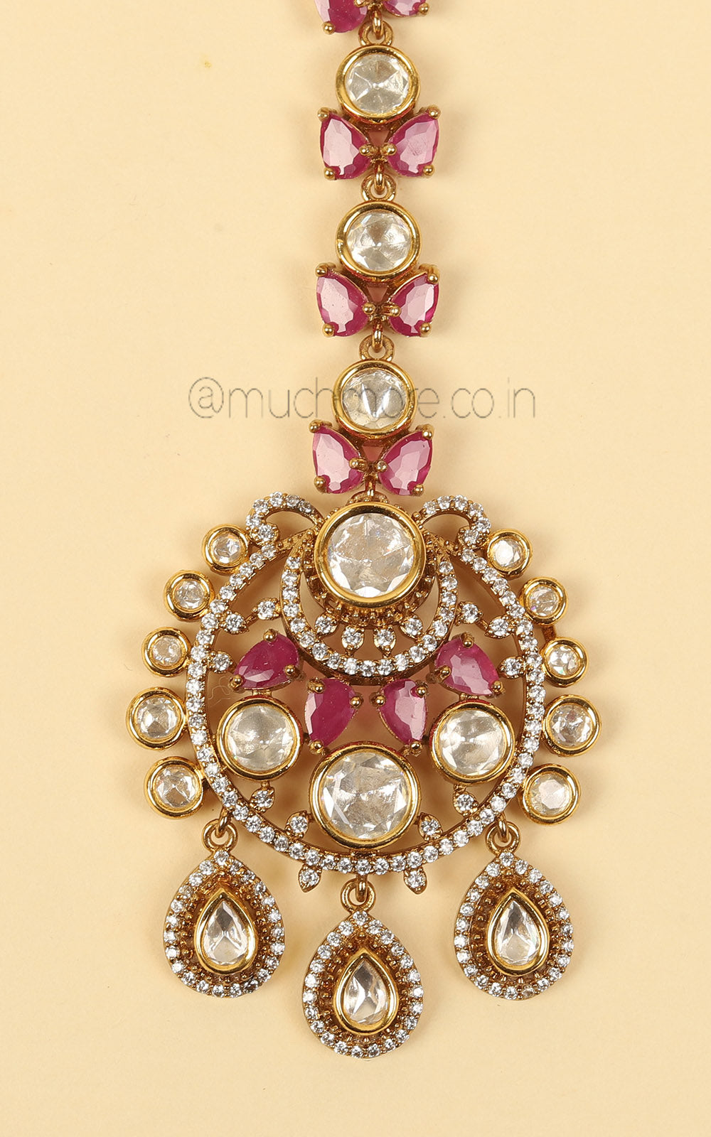Gold Polish Ruby And Kundan Studded Round Shaped Maang Tikka