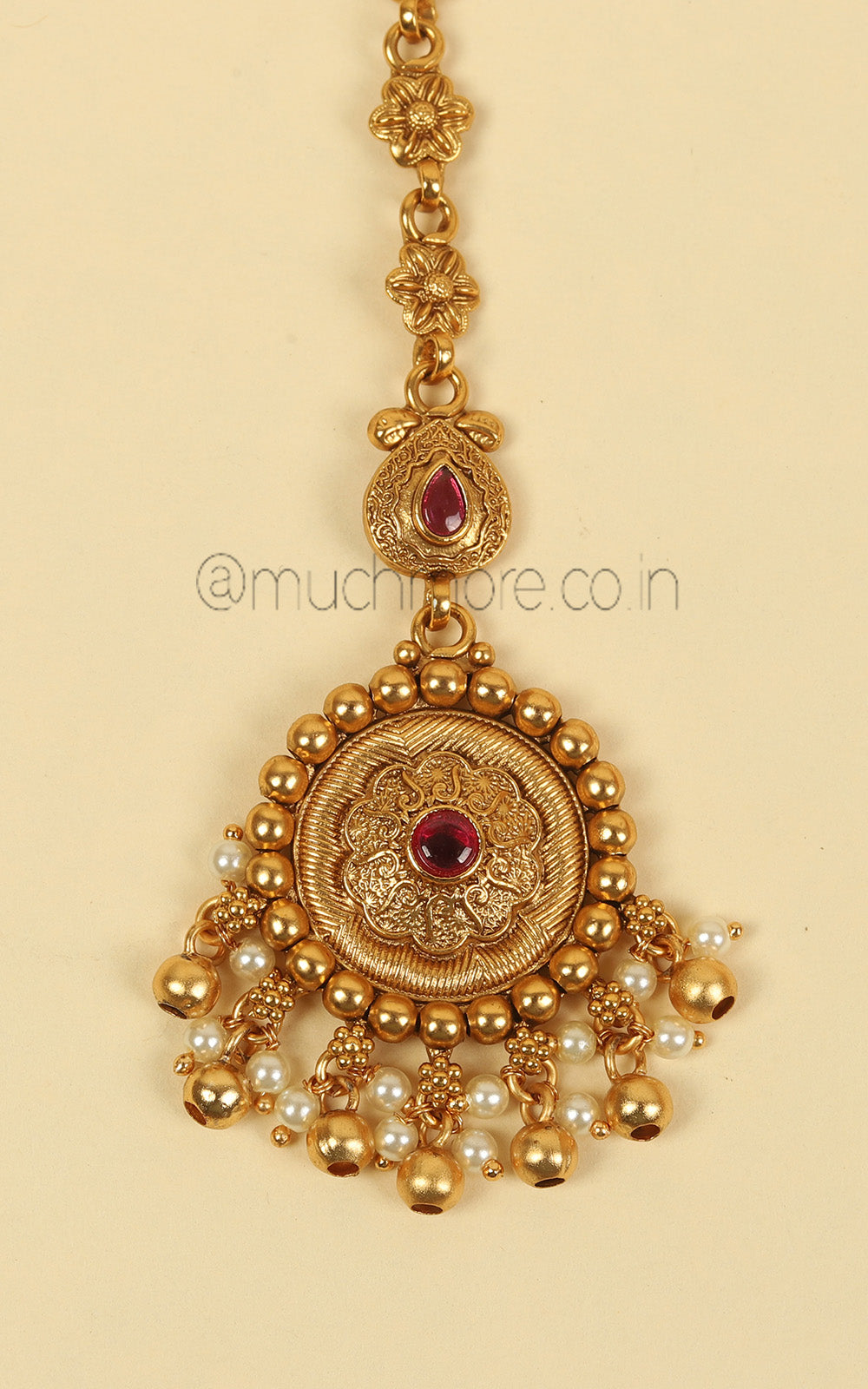 Round Shaped Tiny Ruby Color Traditional Maang Tikka