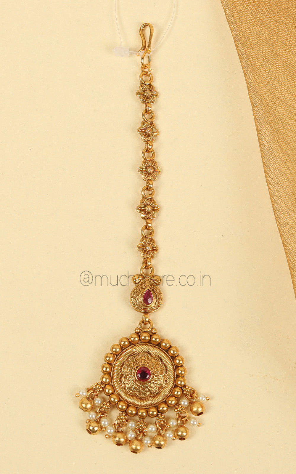 Round Shaped Tiny Ruby Color Traditional Maang Tikka