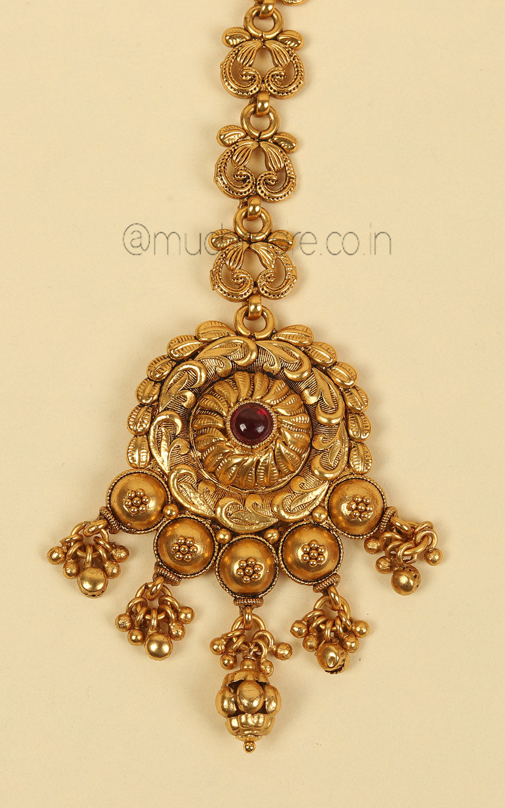 Gold Polish Ruby Carving Work Maang Tikka Online For Festive Wear