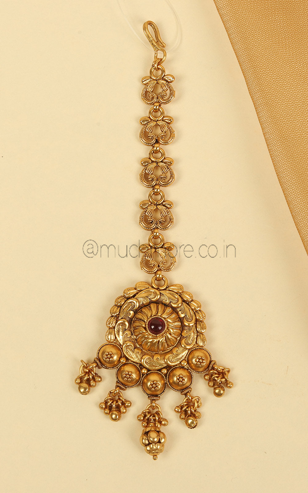 Gold Polish Ruby Carving Work Maang Tikka Online For Festive Wear